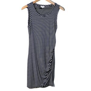 Love Fire Sheath Midi Dress Women’s M Black White Striped Tank Ruching Sides.